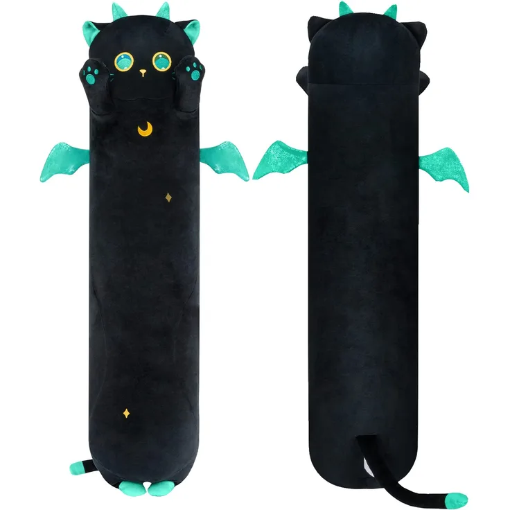 Mewaii Stofftiere Katzen Schwarze 90CM Plüsch Kissen Lang Kätzchen mit Großen Augen Plüschtier Ausgestopftes Tier Spielzeug Kuschelkissen Geschenk Plüschkissen