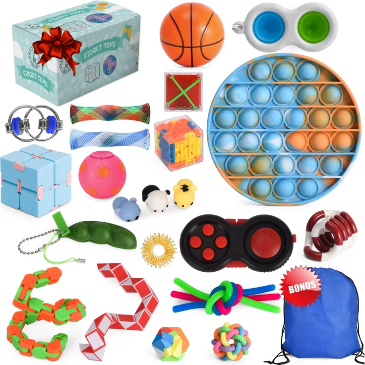 French Way Fidget Toys Set – Anti Stress Spielzeug für Erwachsene und Kinder – Skills Set zur Stressbewältigung und Konzentrationssteigerung – Enthält Pop It Mochi Squishy Simple Dimple und Stressball