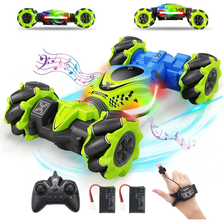 Pristar Ferngesteuertes Auto für Kinder, 4WD RC Stunt Car Ferngesteuerte Auto mit HandSteuerung, 2,4 GHz 360° Drehung Auto Car mit Musik und Beleuchtung Handgeführtes Stunt-Auto 2 Akku