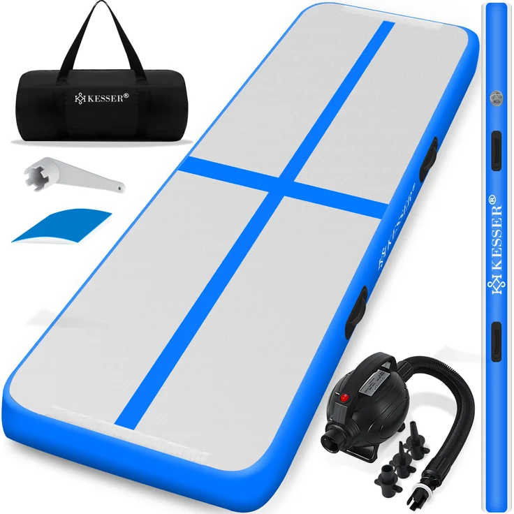 KESSER® Turnmatte Aufblasbar Airtrack Fitness-Matte Gymnastikmatte 3/4/5/6m | inkl. Tragetasche & elektr. Luftpumpe | Yogamatte, Tumbling Matten , Trainingsmatte Sportmatte Yoga, Turn- & Fitness Blau, 400 x 100 x 10 cm – Bild 1