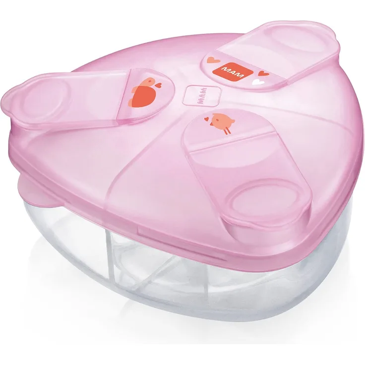 MAM Milchpulverspender, Milchpulver Box zum einfachen Befüllen von Babyflaschen, Milchpulverportionierer fasst bis zu 3 Portionen, 0+ Monate, Schildkröte/Vogel
