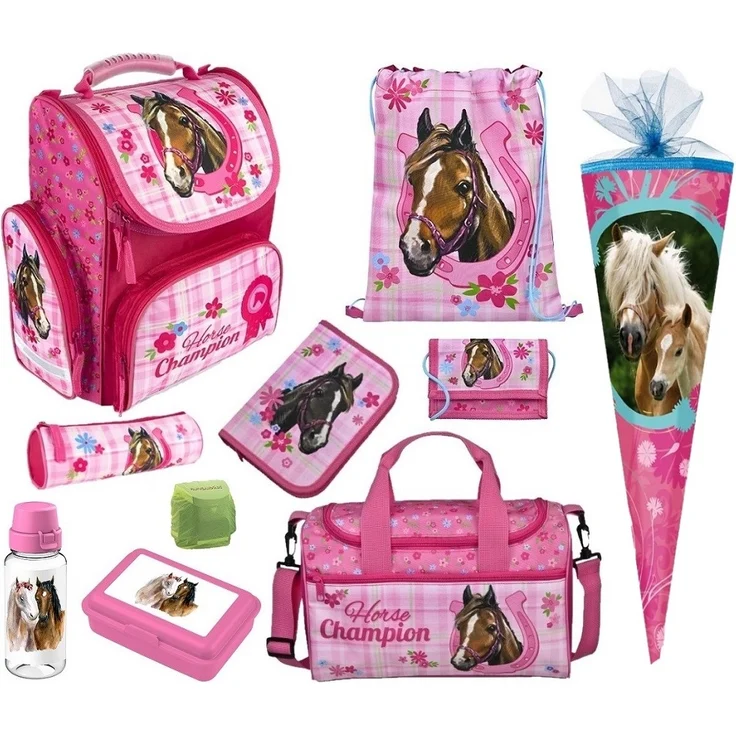 Mädchen Schulranzen 1. Klasse HORSE CHAMPION 10-teiliges Pferde Schulranzen Set mit Sporttasche und Schultüte 85cm – Bild 1