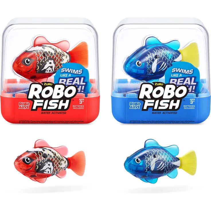ROBO ALIVE Robo Fish Series 3 Roboter-Fisch, 2er Pack, Blau und Rot, schwimmt in mehrere Richtungen, batteriebetrieben, Spielzeugfisch, Poolspielzeug