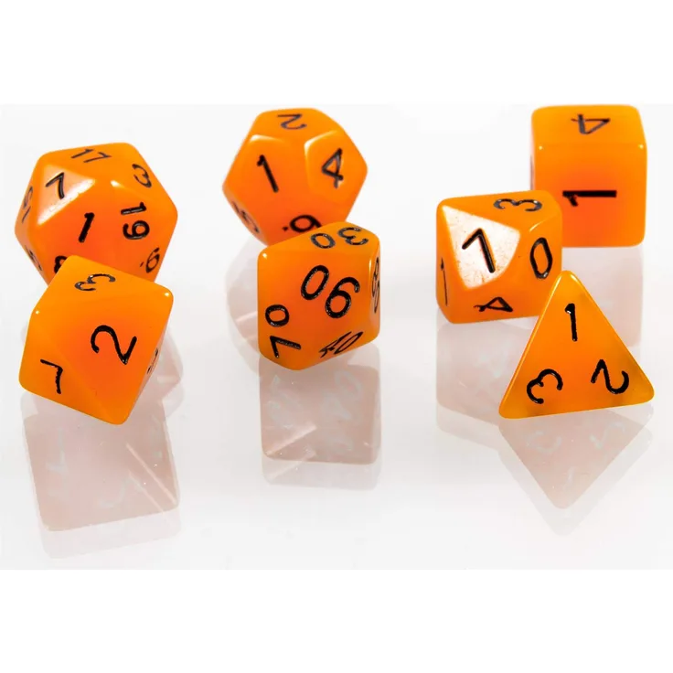 shibby 7 polyedrische leuchtende Würfel für Rollen- und Tabletopspiele in Orange mit Beutel