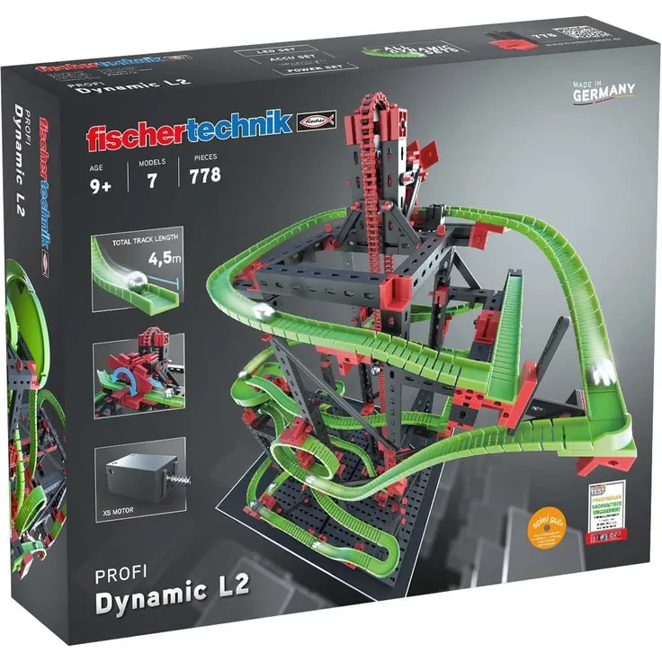 fischertechnik 536621 Kugelbahn Dynamic L2 – Bausatz für Kinder ab 9 Jahren, Lernspielzeug mit Motor und Highspeed-Kurven, fördert technisches Verständnis