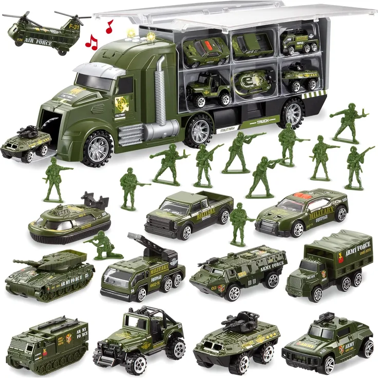 JOYIN 14-in-1 Druckguss Militär LKW Armee Fahrzeug Spielzeug Set mit Soldaten Männern, Kampfauto Spielzeug in Träger LKW mit Licht und Sound, Kindergeburtstagsgeschenke für über 3 Jahre alte Jungen