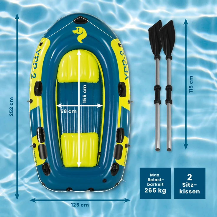 Hoberg Schlauchboot 2-Sitzer - inkl. 2 Paddel & Pumpe - YPP-2 - 252 cm x 125 cm - bis 265kg - Blau/Gelb – Bild 2