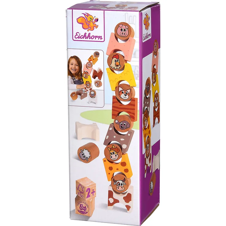 Eichhorn - Stapelspiel Bauernhof, Tiere passend zum Fellmuster aufstapeln, 54 cm hoch, 14 teilig, aus 100 Prozent FSC zertifiziertem Buchenholz, ab 2 Jahren