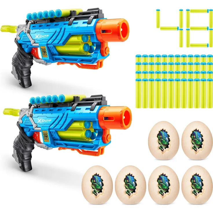 X-Shot Dino Attack Dino Striker Schaumstoffdart-Blaster 2er Pack (6 mittlere Dino-Eier, 48 Darts)