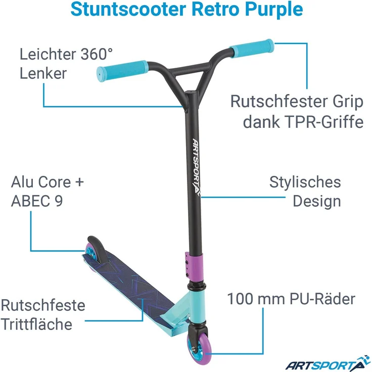 ArtSport 24632 'Stunt Scooter Retro Purple', ab 6 Jahren, 360° Lenker, 100 mm Alu Räder, max. belastbar bis 100 kg, blau/lila – Bild 6
