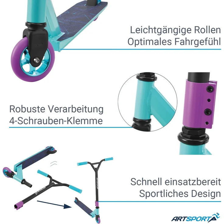 ArtSport 24632 'Stunt Scooter Retro Purple', ab 6 Jahren, 360° Lenker, 100 mm Alu Räder, max. belastbar bis 100 kg, blau/lila – Bild 8
