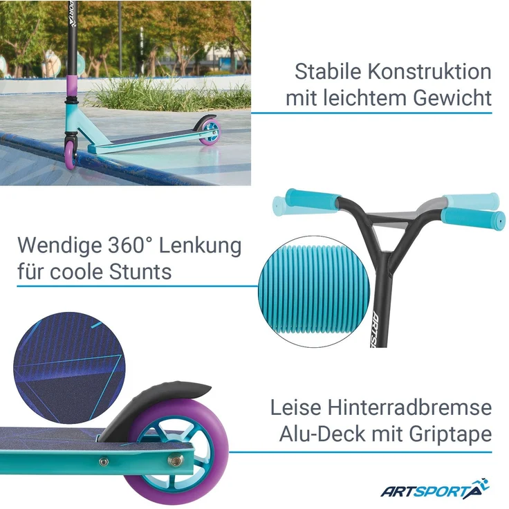 ArtSport 24632 'Stunt Scooter Retro Purple', ab 6 Jahren, 360° Lenker, 100 mm Alu Räder, max. belastbar bis 100 kg, blau/lila – Bild 7