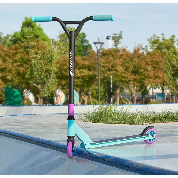 ArtSport 24632 'Stunt Scooter Retro Purple', ab 6 Jahren, 360° Lenker, 100 mm Alu Räder, max. belastbar bis 100 kg, blau/lila – Bild 10