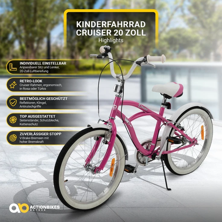 Kinderfahrrad Cruiser 20 Zoll Kinder Fahrrad Rosa Türkis Kinderrad Seitenständer (Rosa) – Bild 2