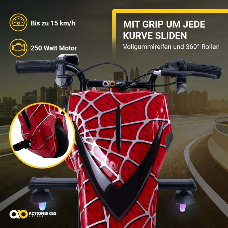 Kinder Elektro Drift Trike Scooter LED Driftrollen 360° bis zu 15km/h drosselbar (Rot) – Bild 6