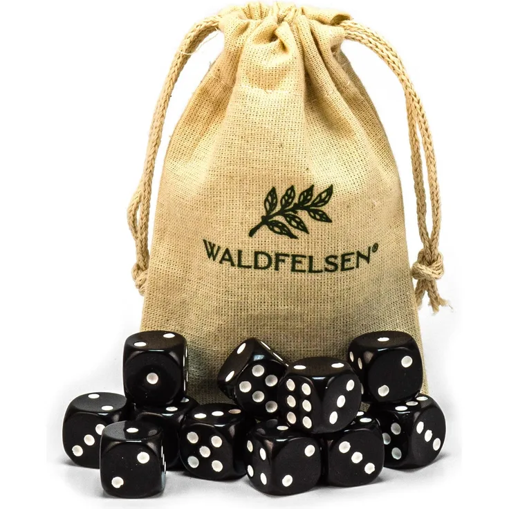 6,12, 20, 30 oder 50 hochqualitative Würfel von Waldfelsen® Standardgröße 16 mm Acrylwürfel Knobel Spielwürfel Dice 6-seitig sechsseitig Spielzubehör Set mit Stoffbeutel (Schwarz, 12 Stück)
