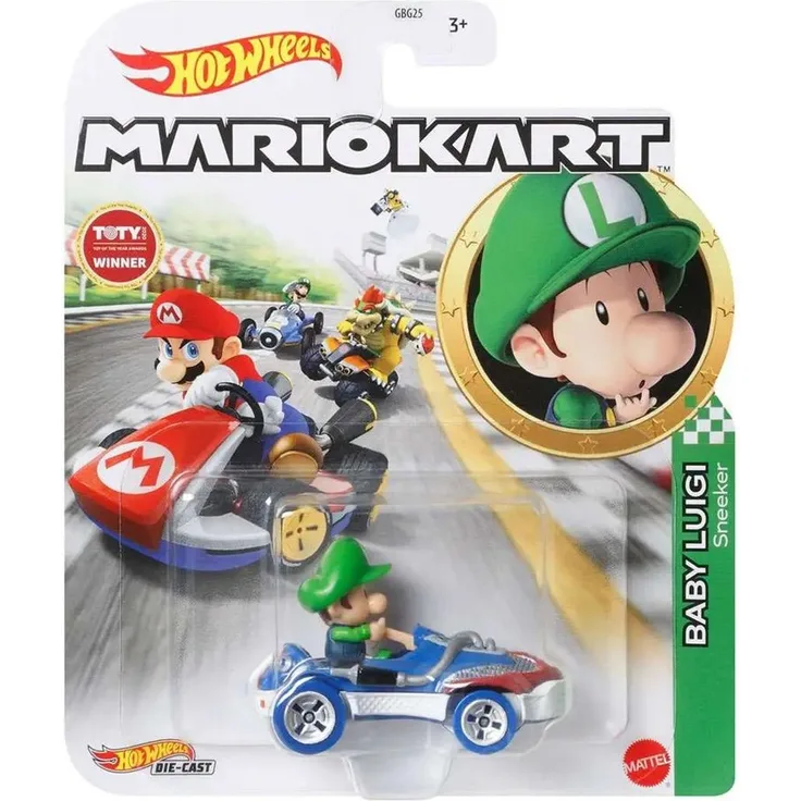 Mattel HDB28 - HotWheels - Mario Kart - Mini Die-Cast Fahrzeug mit Figur, Baby Luigi