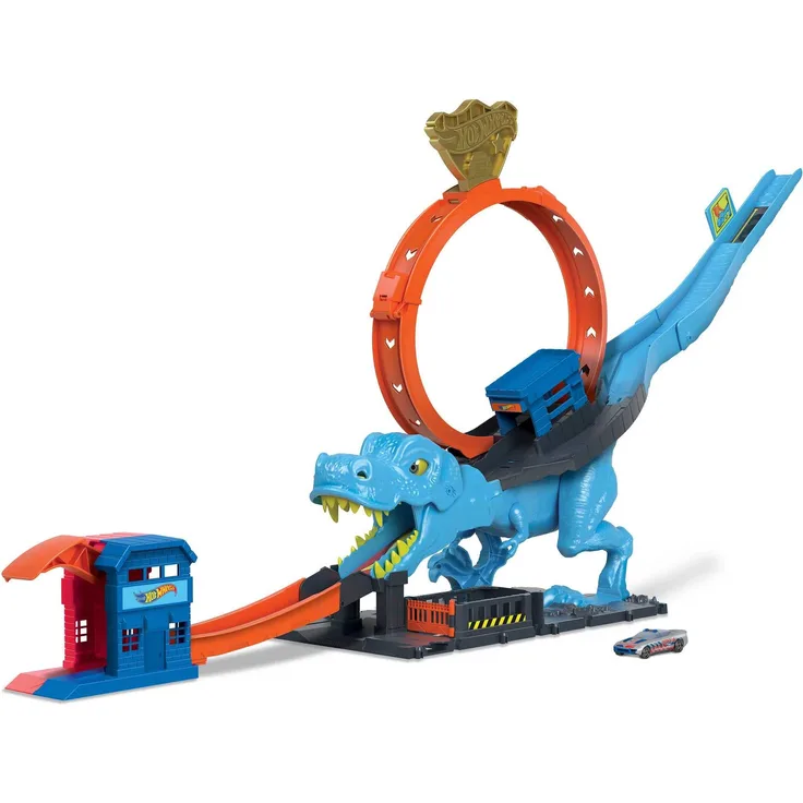 Hot Wheels HNP77 - HW City Trackset mit 1 Spielzeugauto, Riesenlooping, großer besiegbarer Dinosaurier, Stunt- und Renn-Spielset mit T-Rex-Looping-Stunt, Spielzeug Autos ab 4 Jahren