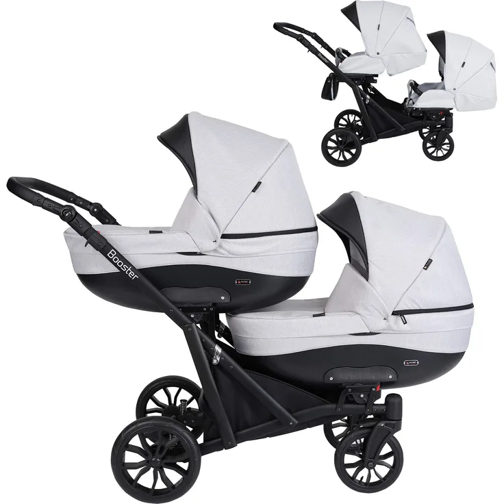 KUNERT BOOSTER 2in1 Kinderwagen Komplettset Zwillingskinderwagen Babywagen 2 in 1 Kombikinderwagen Komplettset Geschwisterwagen Kinder Wagen set Zwillingsbuggy Doppelkinderwagen (Grau, 2 in 1)