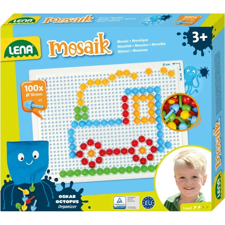 Lena 35623 - Mosaik Steckspiel Set, Steckmosaik mit 100 farbigen Stecker, Mosaikstecker Ø 10 mm, Mosaikspiel für Kinder ab 3 Jahre, Komplettset mit Steckplatte ca. 21 x 16 cm und Organizer, bunt