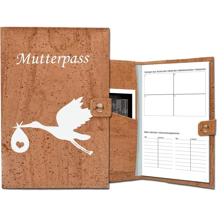 SIMARU Mutterpasshülle aus wasserabweisendem Korkleder in Beige, Schutzhülle für den deutschen Mutterpass, Ultraschallbilder und Versichertenkart mit Storch bedruckt (Storch (Druckknopf))