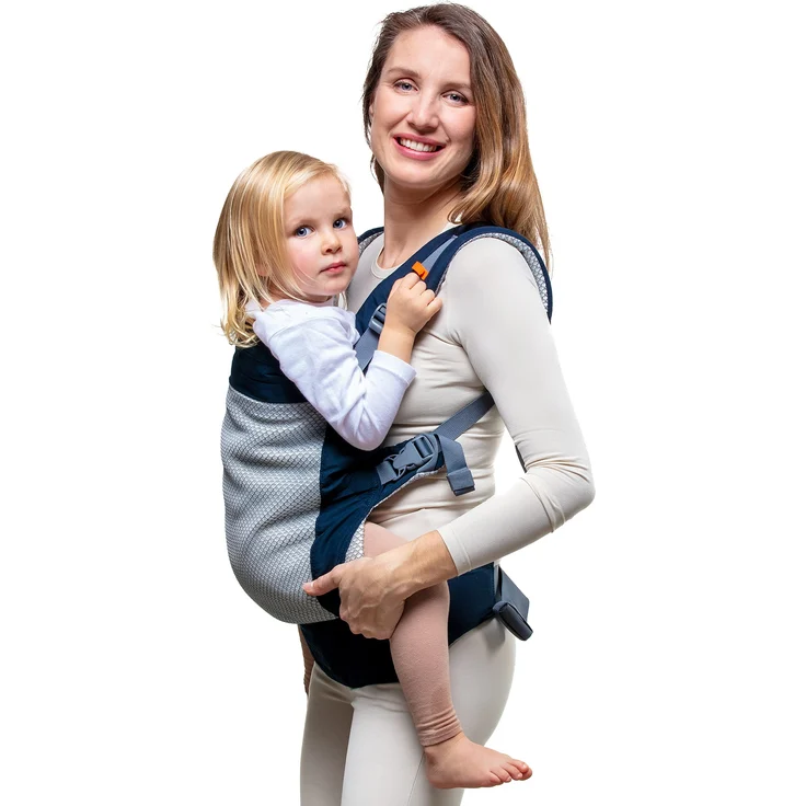 Beco Kindertrage mit extra breitem Sitz - Kindertragerucksack aus 100% Polyester 3D Mesh - 3 Tragepositionen - Kindertrage Bauch/Kindertrage Rücken - Kindertrage Wandern - 9-27kg ((Marineblau) – Bild 1