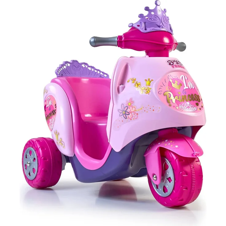 FEBER - Scooty Little Princess, 6V rosa Elektroroller und Aufsitzmobile mit Prinzessinnendesign, mit Dekorationen von Blumen, Herzen und Einer Krone, Spielzeug +1 Jahr, Famosa (FEB09000)