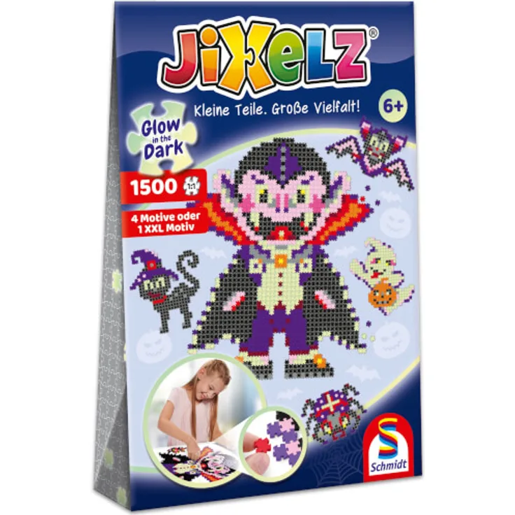 Schmidt 46155 - Jixelz, Gruselspaß, 4 Motive oder 1 XXL-Motiv, Glow in the Dark, Puzzle, 1500 Teile