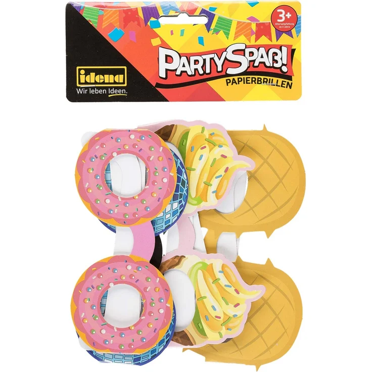 Idena 40444 - Partyspaß Papierbrillen, 4 Stück, in den lustigen Motiven Donut, Ananas, Discokugel und Waffeleis, 13 cm breit, 12,5 cm lange Pappbügel – Bild 1