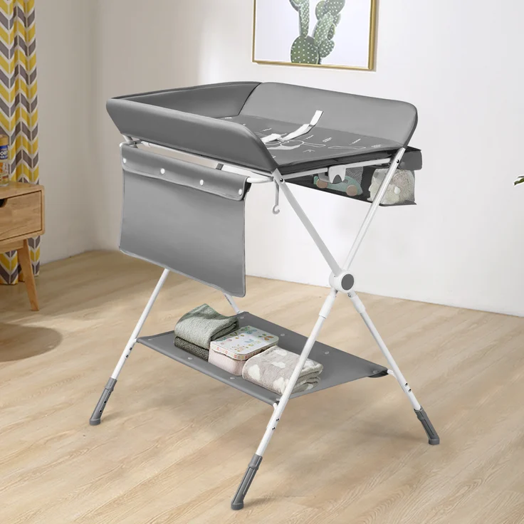 COSTWAY 4 IN 1 klappbarer Baby Wickeltisch & Badestation & Schuhregal & Waeschestaender, Wickelkombination hoehenverstellbar, Wickelkombi mit austauschbaren Rollen und Aufbewahrungskorb Grau
