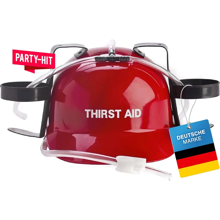 GOODS+GADGETS Trinkhelm Getränke Helm; Bauarbeiterhelm mit Trinksystem Getränkehalter; JGA Partyzubehör mit Dosenhalterung Gadget Scherzartikel