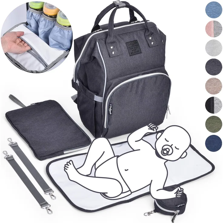 Daliya® PAKMI Wickelrucksack mit Schnullertasche & Wickelunterlage & Wickelunterlagentasche & Schlüsselanhänger - Wickeltasche Mamabag Tasche Rucksack mit viel Stauraum - Schwarzgrau
