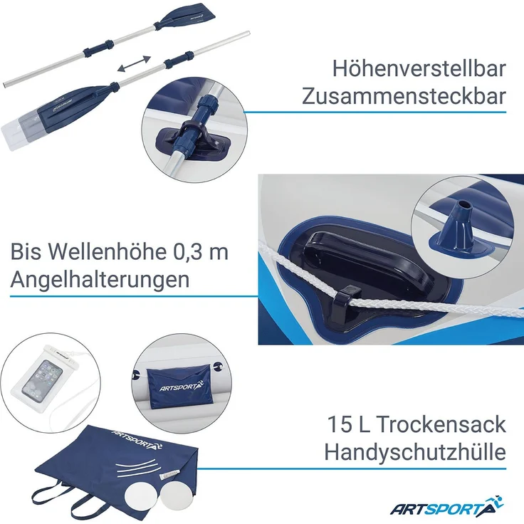 ArtSport Schlauchboot 330 cm für 4 Personen – Paddelboot aufblasbar mit 2 Sitzbänken – Ruderboot PVC mit Luftpumpe, Paddel, Tasche & Reparaturset – Bild 5