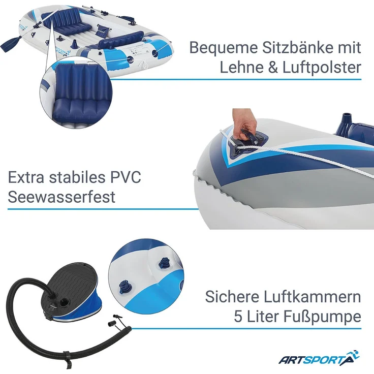 ArtSport Schlauchboot 330 cm für 4 Personen – Paddelboot aufblasbar mit 2 Sitzbänken – Ruderboot PVC mit Luftpumpe, Paddel, Tasche & Reparaturset – Bild 4