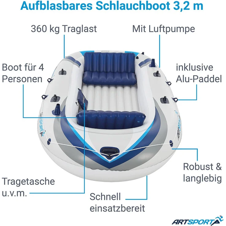 ArtSport Schlauchboot 330 cm für 4 Personen – Paddelboot aufblasbar mit 2 Sitzbänken – Ruderboot PVC mit Luftpumpe, Paddel, Tasche & Reparaturset – Bild 3