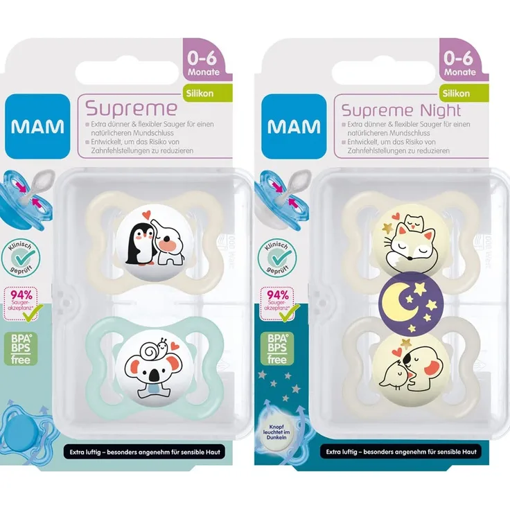 MAM Dental Schnuller 4er Set Supreme, 0-6 Monate, haut- und zahnfreundlicher Schnuller, SkinSoft Silikon