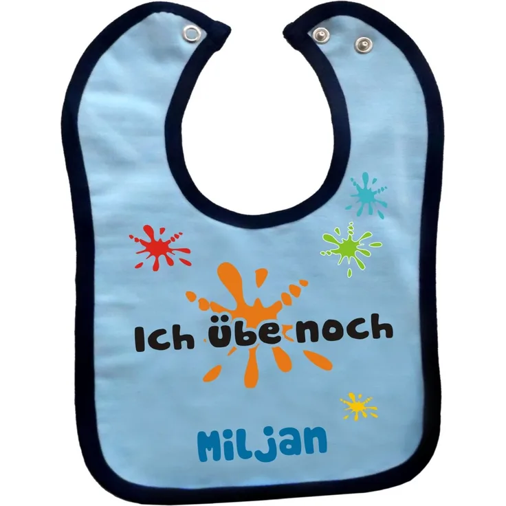 Kleiner Fratz Baby Lätzchen mit farbigen Saum ICH ÜBE NOCH (hellblau-navy)