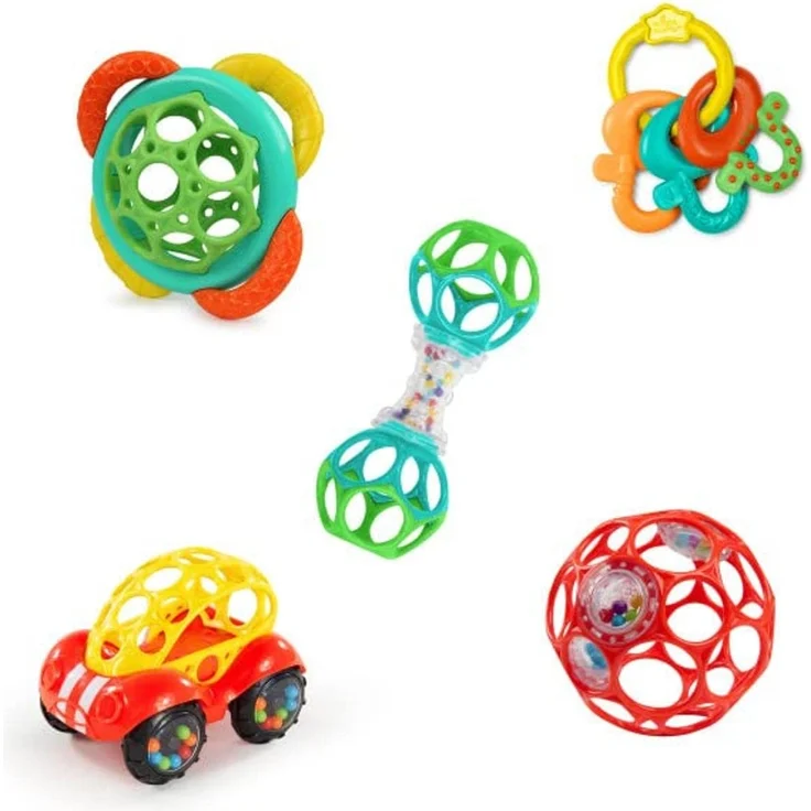 Bright Starts, Soothers & Shakers Geschenkset, 5 Spielzeuge und 2 Beißringe mit verschiedenen Texturen beruhigen wundes Zahnfleisch, Unisex, Neugeborene+ – Bild 1