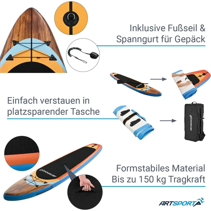 ArtSport Stand Up Paddle Board Beach Rocker aufblasbar – SUP Board Set mit Pumpe, Paddel, Tasche und Zubehör – Tragkraft bis 150 kg – Weiß & Bunt - Preisvergleich – Bild 4