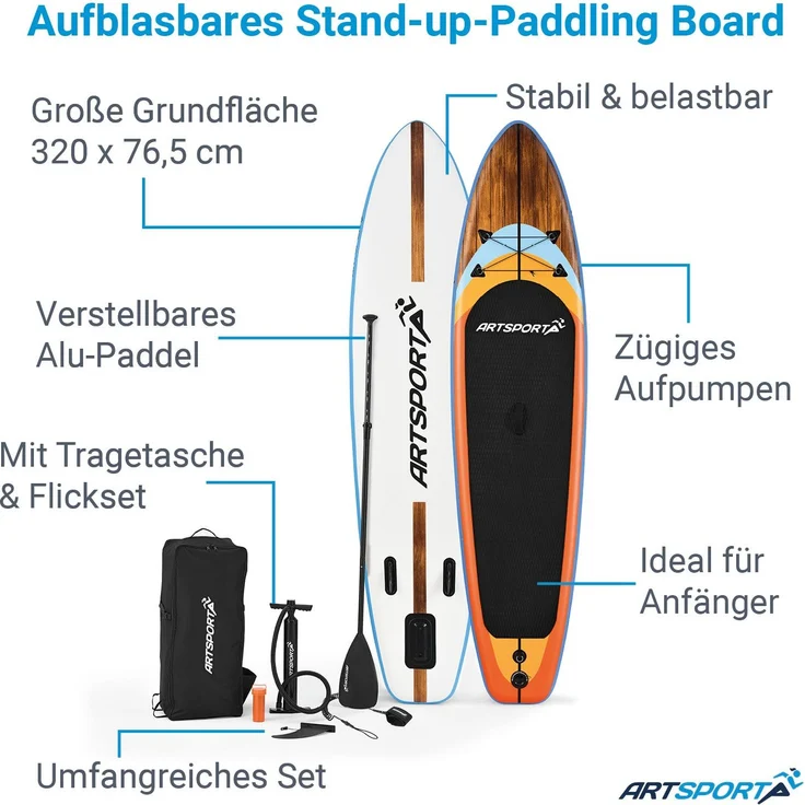 ArtSport Stand Up Paddle Board Beach Rocker aufblasbar – SUP Board Set mit Pumpe, Paddel, Tasche und Zubehör – Tragkraft bis 150 kg – Weiß & Bunt - Preisvergleich – Bild 3