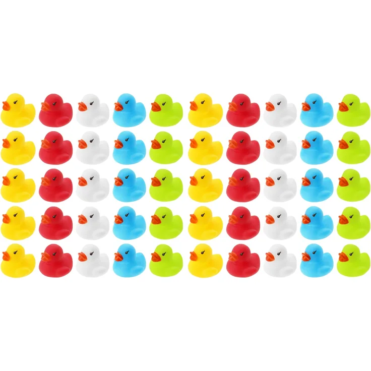 50 WELLGRO Badeenten - bunt (gelb, rot, weiß, blau, grün), je Ente ca. 3,5 x 3 cm (ØxH), Gummiente, im Netz