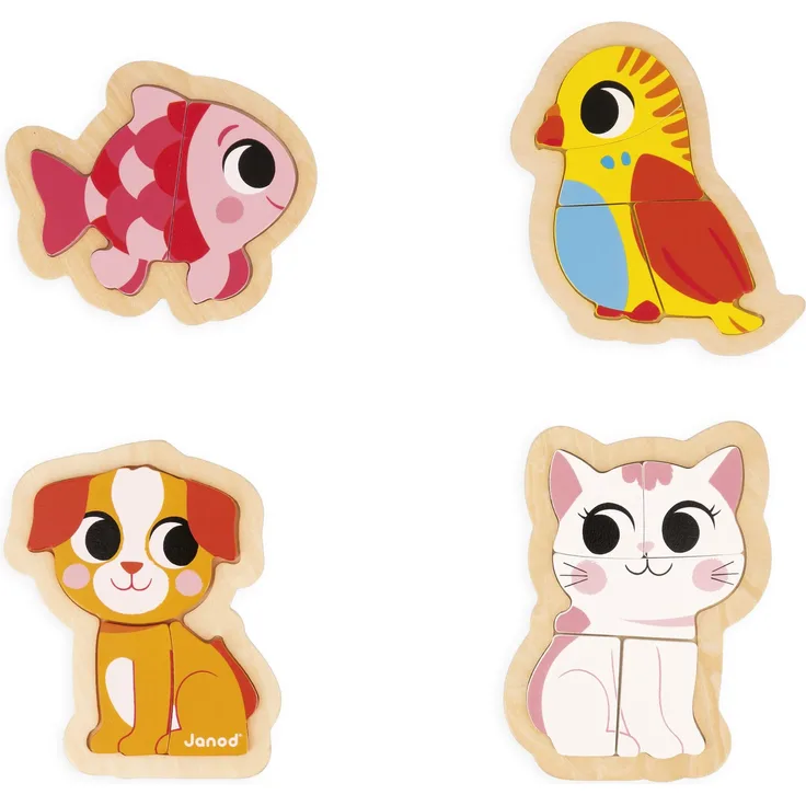 Janod - 4 Holzpuzzle mit 2 bis 5 Teilen - Puzzle zum Thema Haustiere - Kinderspielzeug - Pädagogische Spiele - Baby- und Kleinkindspielzeug Ab 18 Monaten, J07115