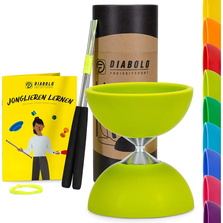 Diabolo Freizeitsport Jonglier-Set Basic mit Diabolo (hellgrün), Handsticks aus Aluminium, Ersatzschnur (160cm) und Gedruckter Anleitung - ideal zum Verschenken für Kinder, Einsteiger & Anfänger – Bild 1