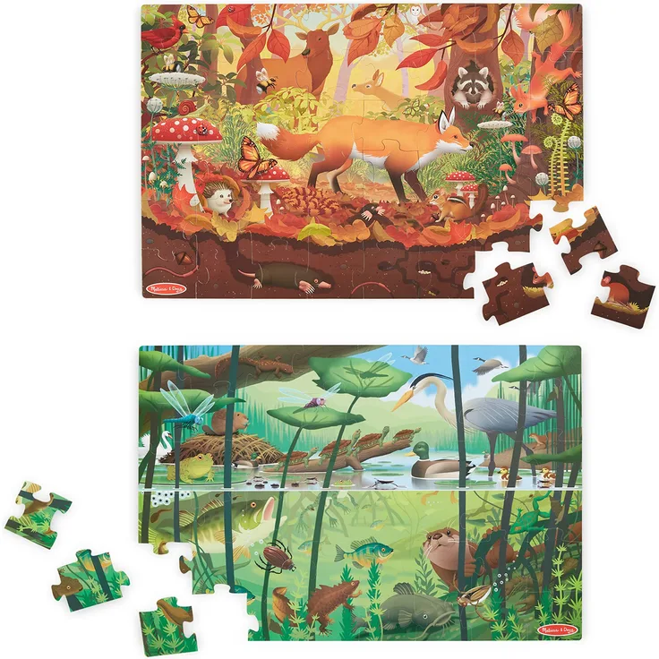 Melissa & Doug Let's Explore Doppelseitiges Bodenpuzzle Seek & Find mit Lupe | Puzzle für Kinder | Spionage und Suche nach Kindern |3+| Geschenk für Jungen oder Mädchen | FSC-zertifizierte Materialien