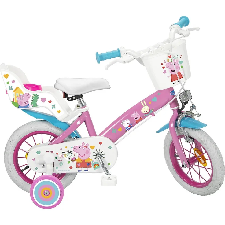 Kinderfahrrad Peppa Pig 12 Zoll Rosa mit Felgenbremse, Trommelbremse, Stützrädern, Korb und Puppensitz