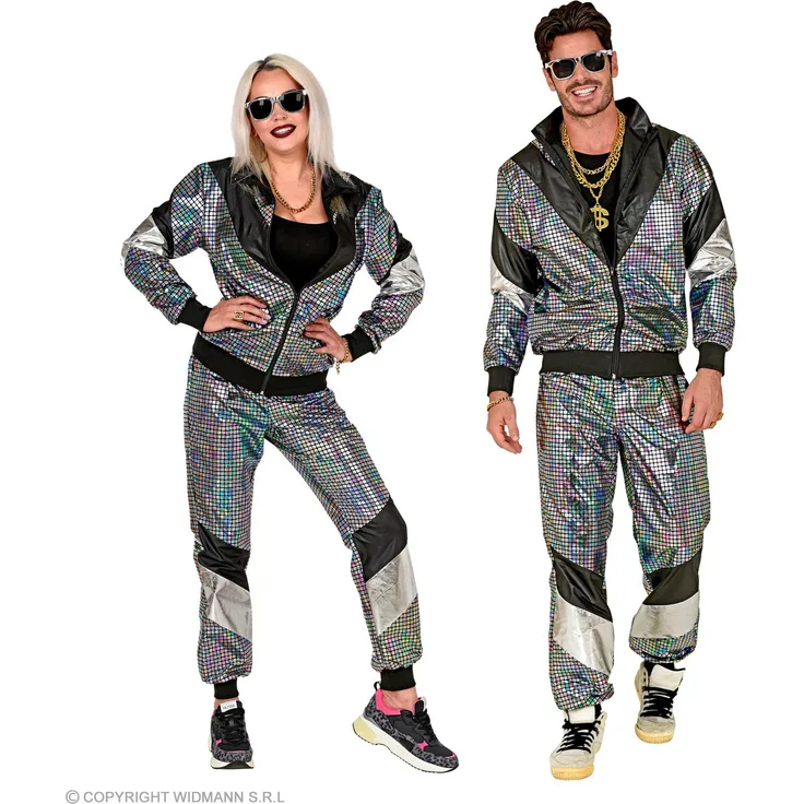 80er Jahre bunter reflektierender Trainingsanzug - Jogginganzug Gr. S bis 2XL - Disco Retro XXL - ab 190 cm