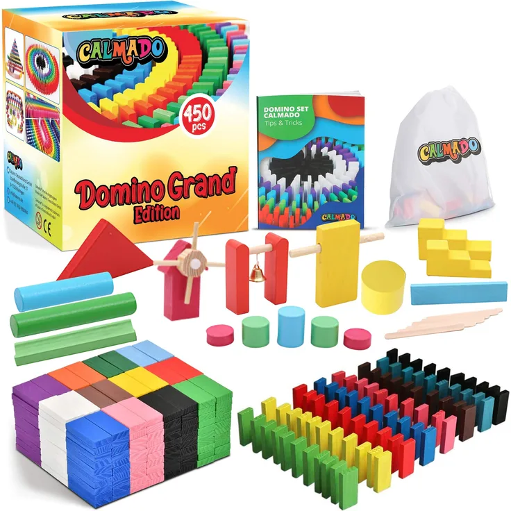 Calmado - Domino Spiel 450 teilig Dominosteine aus Holz, Spielzeug ab 3 Jahre - Bausätze für Kinder - Domino Grand Edition im Set + Tasche + Anleitung + Accessoires