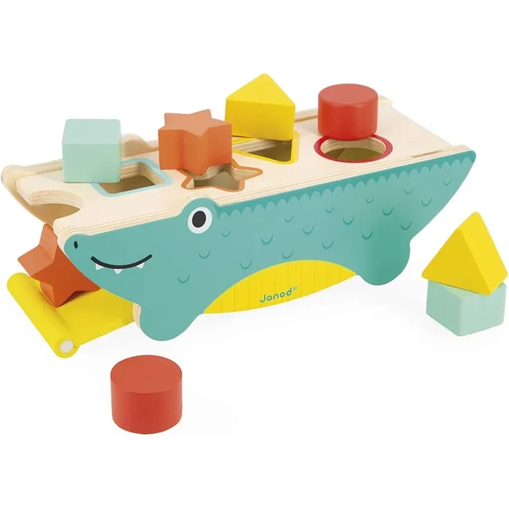 Janod - Kroko Formensortierer Tropik - Entwicklungsspielzeug aus Holz - Lernspielzeug Formen und Farben - 8 zum Stecken - FSC-zertifiziert - Wasserfarbe - Ab 1 Jahr, J08267