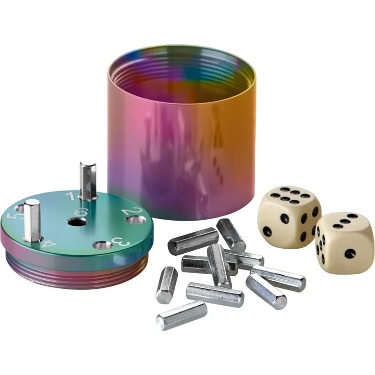 BestSaller 3009 SUPER SIX Reise-Würfelspiel Aluminum, 36 Spielstäbchen & 2 Würfel, Rainbow Splash, mehrfarbig – Bild 1