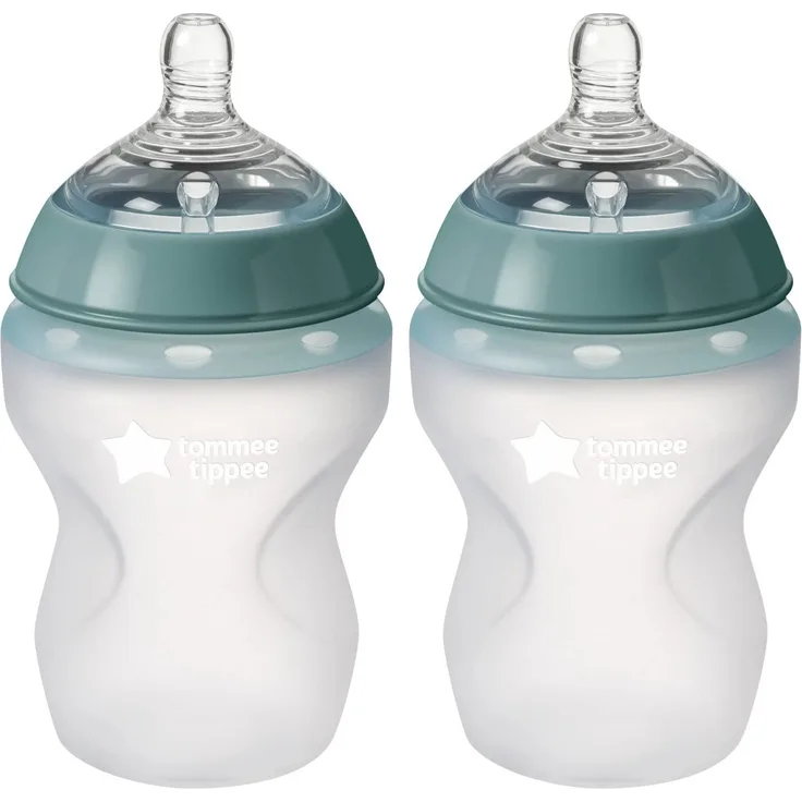 Tommee Tippee Closer to Nature Silikon-Babyflaschen, weicher Durchfluss, brustähnlicher Sauger mit Anti-Kolik-Ventil, flecken- und geruchsresistent, 260 ml, 2 Stück